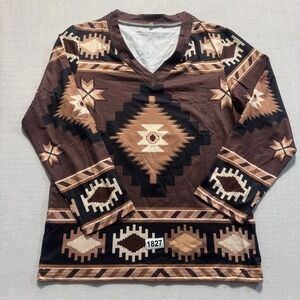 Unbranded Aztec Print V-Neck Top Womens Sz S Brown‎ Pre-owned